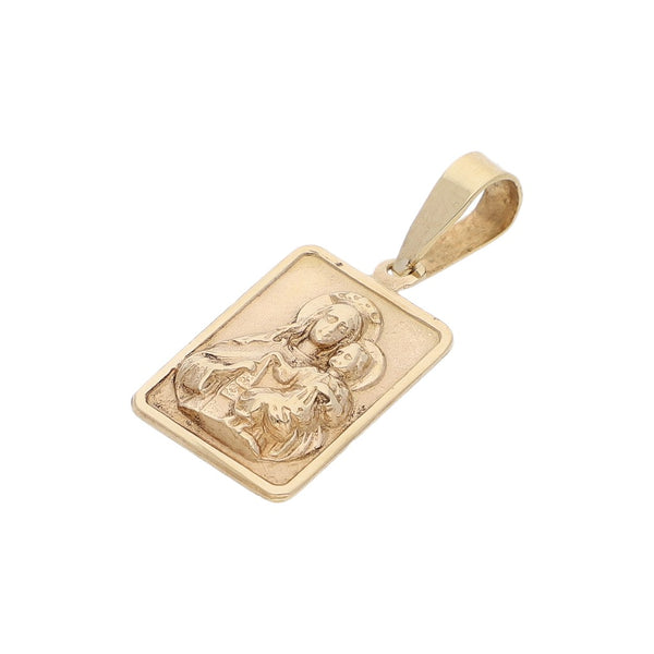 Medalla diseño especial motivo virgen con niño en oro amarillo 14 kilates.