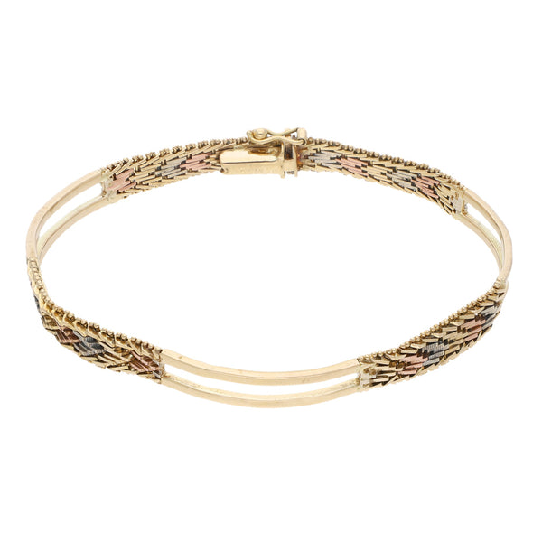 Pulsera eslabón combinado en oro tres tonos 14 k.