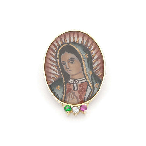 Medalla diseño especial con madre perla, sintéticos y esmalte motivo Virgen de Guadalupe en oro amarillo 14 kilates.