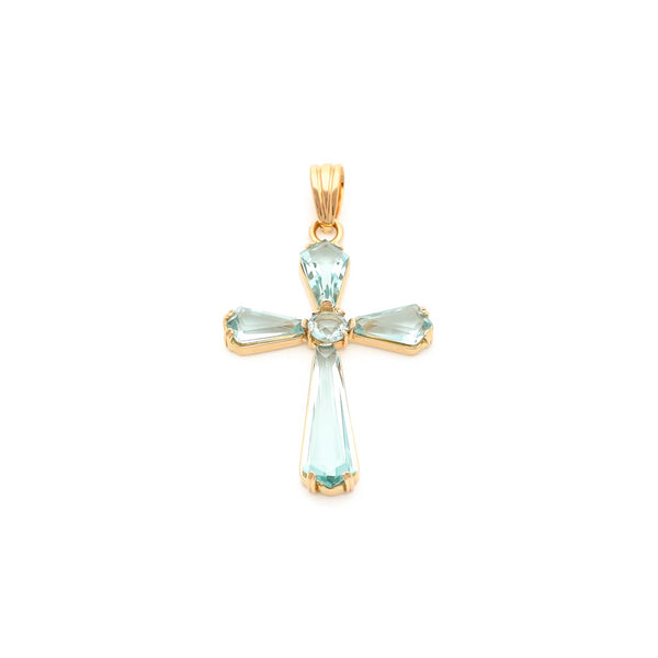 Cruz diseño especial con aguamarina en oro amarillo 14 kilates.