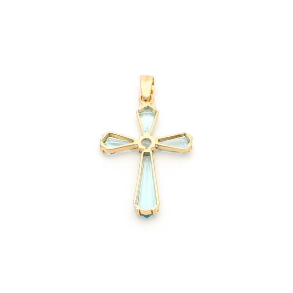 Cruz diseño especial con aguamarina en oro amarillo 14 kilates.