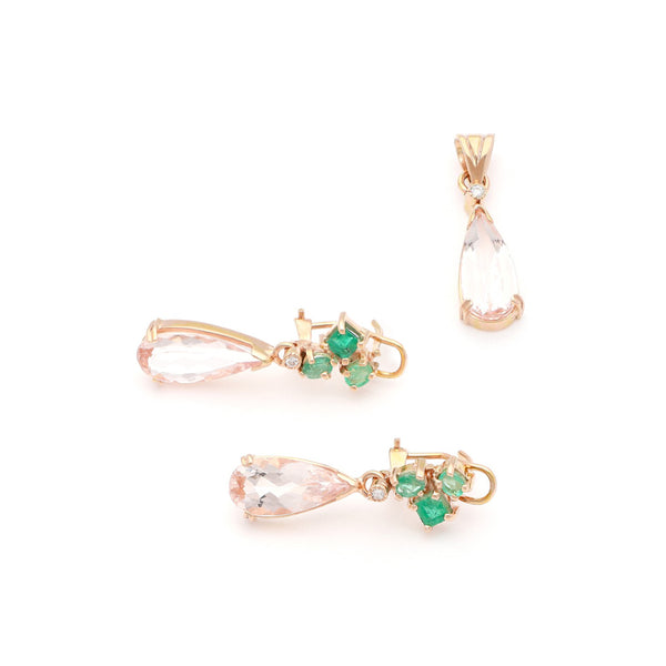 Juego de dije y aretes diseño especial con diamantes, esmeraldas y morganitas en oro rosa 14 kilates.