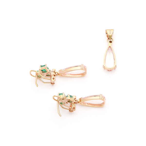 Juego de dije y aretes diseño especial con diamantes, esmeraldas y morganitas en oro rosa 14 kilates.