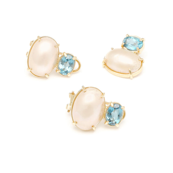 Juego de dije y aretes diseño especial con blue London y media perla en oro amarillo 14 kilates.