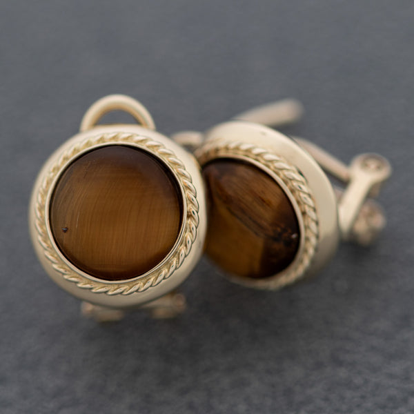 Aretes torzal con ojo de tigre en oro amarillo 14 kilates.