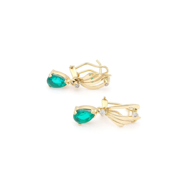 Aretes diseño especial con esmeraldas y sintéticos en oro amarillo 14 kilates.