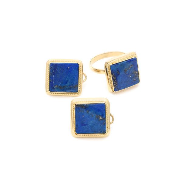 Juego de anillo y aretes diseño especial con lapislazuli en oro amarillo 14 kilates.