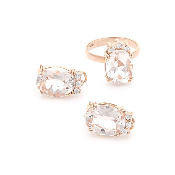 Juego de anillo y aretes diseño especial con diamantes y morganitas en oro rosa 14 kilates.