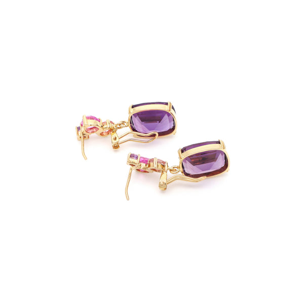 Juego de anillo y aretes diseño especial con amatistas en oro amarillo 14 kilates.