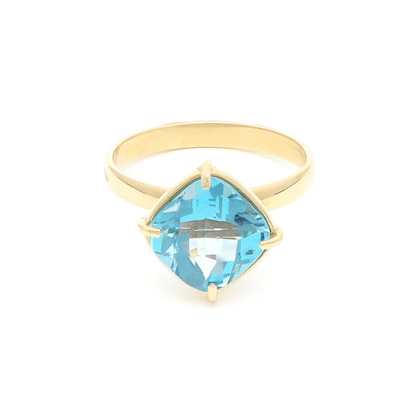 Anillo diseño especial con sky blue en oro amarillo 14 kilates.