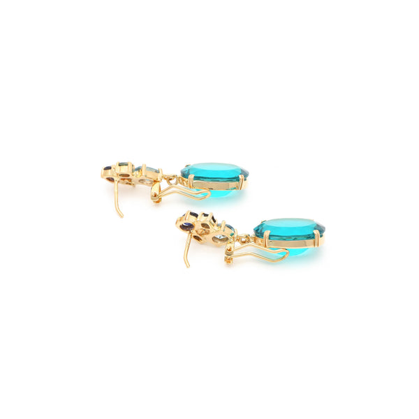 Juego de dije y aretes diseño especial con obsidiana en oro amarillo 14 kilates.