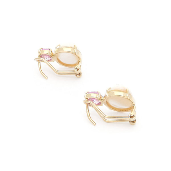 Aretes diseño especial con perla y rosa de Francia en oro amarillo 14 kilates.