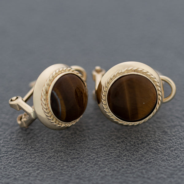 Aretes torzal con ojo de tigre en oro amarillo 14 kilates.