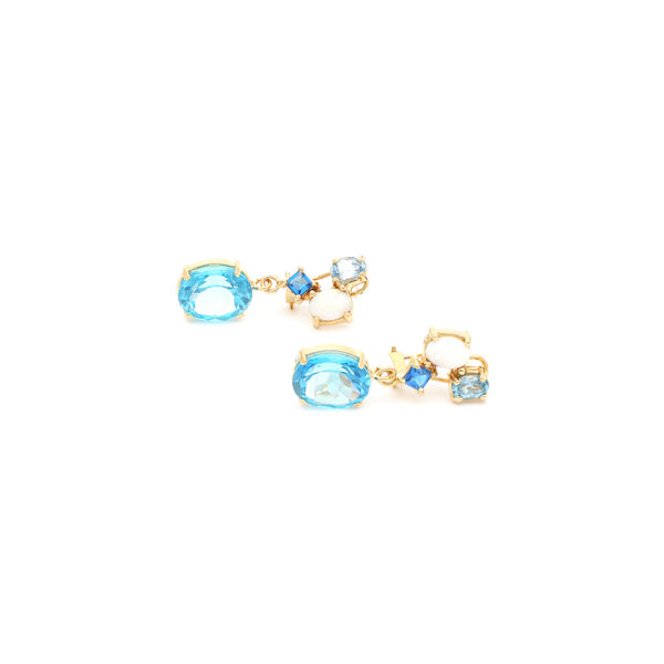 Aretes diseño especial con ópalo y topacios en oro amarillo 14 kilates