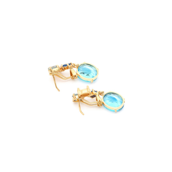 Aretes diseño especial con ópalo y topacios en oro amarillo 14 kilates