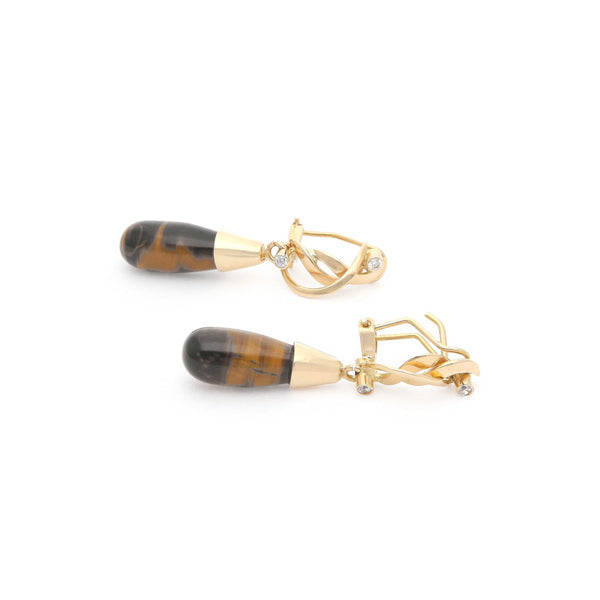 Aretes diseño especial con ojo de tigre y sintéticos en oro amarillo 14 kilates.