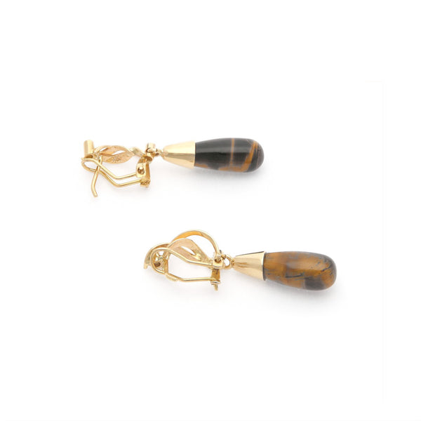 Aretes diseño especial con ojo de tigre y sintéticos en oro amarillo 14 kilates.