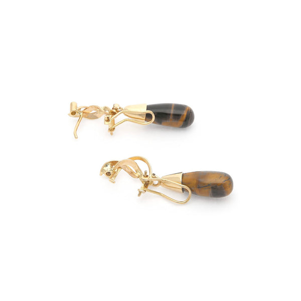 Aretes diseño especial con ojo de tigre y sintéticos en oro amarillo 14 kilates.