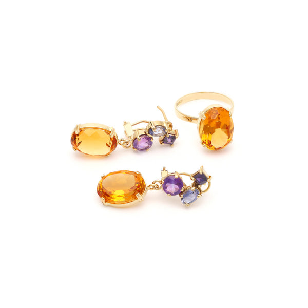 Juego de anillo y aretes diseño especial con citrino y gemas en oro amarillo 14 kilates.