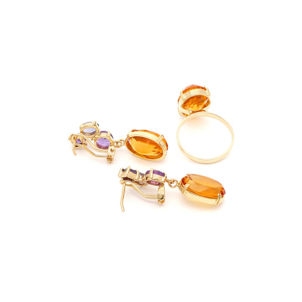 Juego de anillo y aretes diseño especial con citrino y gemas en oro amarillo 14 kilates.