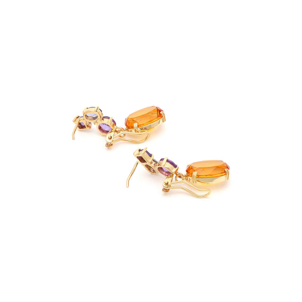 Juego de anillo y aretes diseño especial con citrino y gemas en oro amarillo 14 kilates.