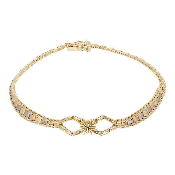 Pulsera eslabón boleado en oro tres tonos 14 kilates.