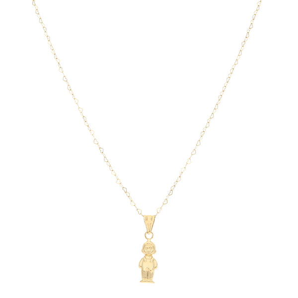 Collar eslabón cruzado motivo corazón y dije hueco motivo niño en oro amarillo 14 kilates.