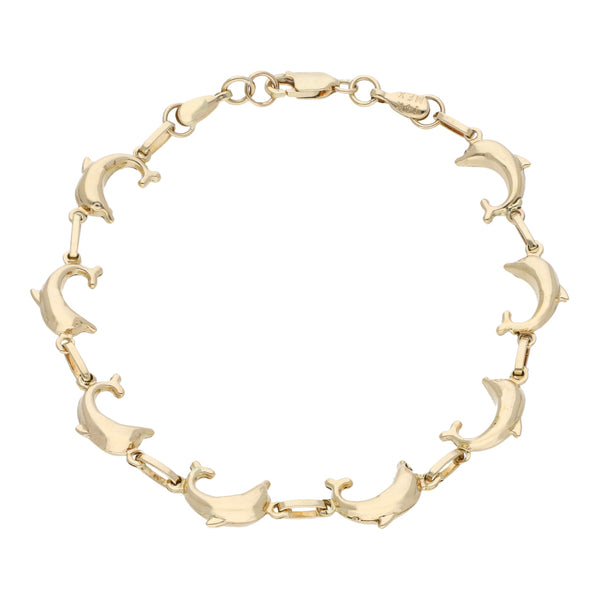 Pulsera eslabón articulado motivo delfines en oro amarillo 14 kilates.