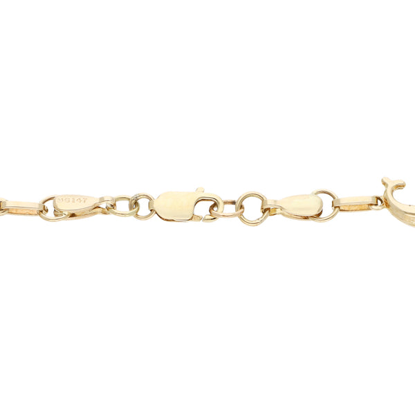 Pulsera eslabón articulado motivo delfines en oro amarillo 14 kilates.