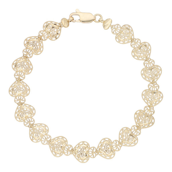 Pulsera eslabón calado motivo corazón en oro amarillo 14 kilates.