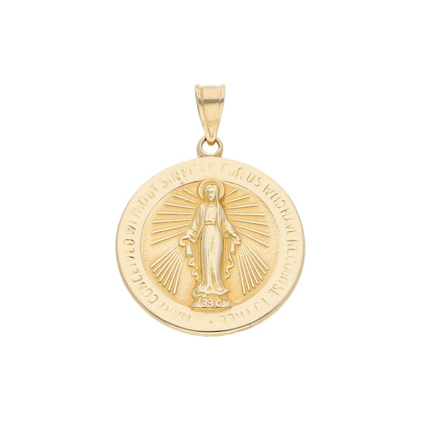 Medalla imagen doble motivo Virgen y Cruz en oro amarillo 14 kilates.