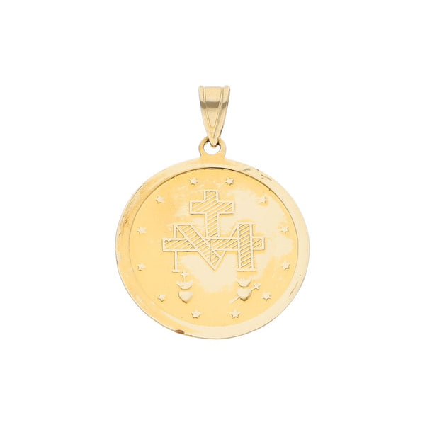 Medalla imagen doble motivo Virgen y Cruz en oro amarillo 14 kilates.