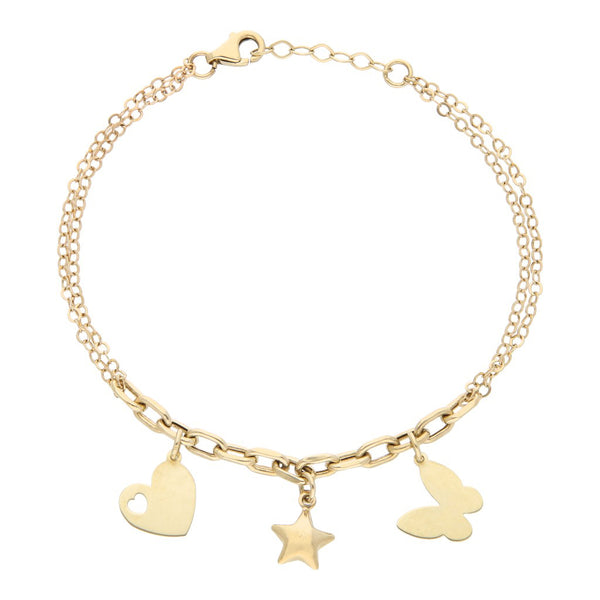 Pulsera de dos hilos eslabón combinado con colgantes en oro amarillo 14 kilates.