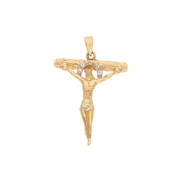 Crucifijo labrado con sintéticos en oro amarillo 14 kilates.