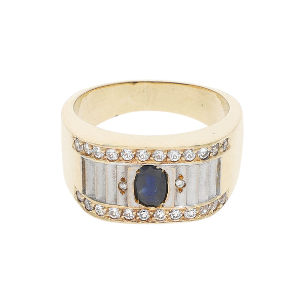 Anillo diseño especial con sintéticos en oro dos tonos 14 kilates.