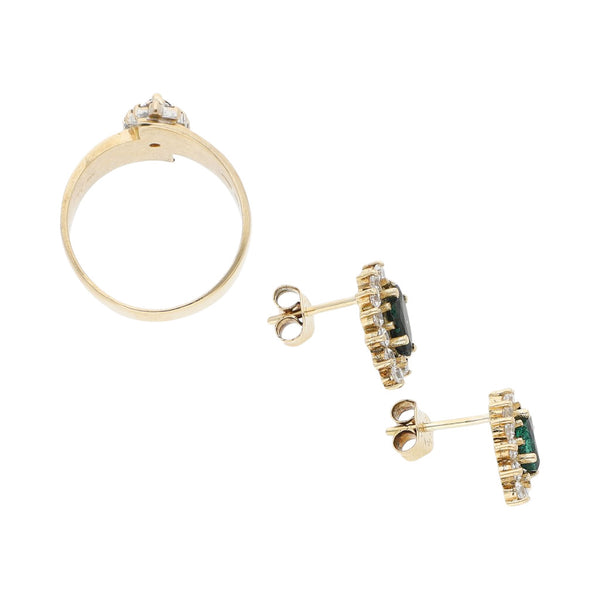 Juego de anillo y aretes diseño especial con sintéticos en oro amarillo 14 kilates.