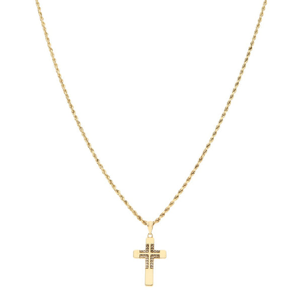 Collar eslabón torzal y cruz diseño especial con sintéticos en oro amarillo 14 kilates.