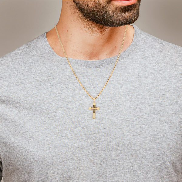 Collar eslabón torzal y cruz diseño especial con sintéticos en oro amarillo 14 kilates.