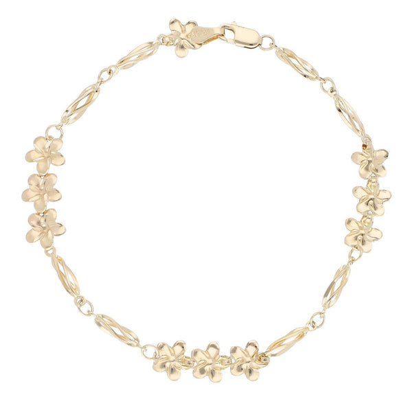 Pulsera eslabón combinado motivo flores en oro amarillo 14 kilates.