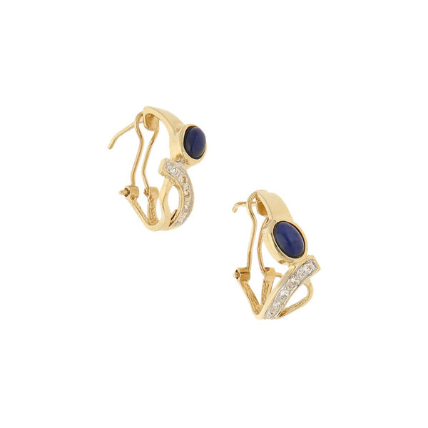 Aretes diseño especial con zafiro estrella y circonias en oro amarillo 14 kilates.