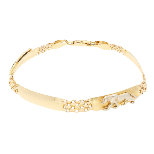 Pulsera eslabón articulado con motivo felinos en oro dos tonos 14 kilates.