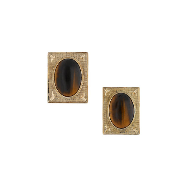 Aretes labrados con ojo de tigre en oro amarillo 14 kilates.