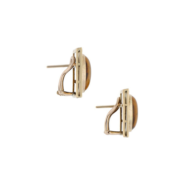 Aretes labrados con ojo de tigre en oro amarillo 14 kilates.