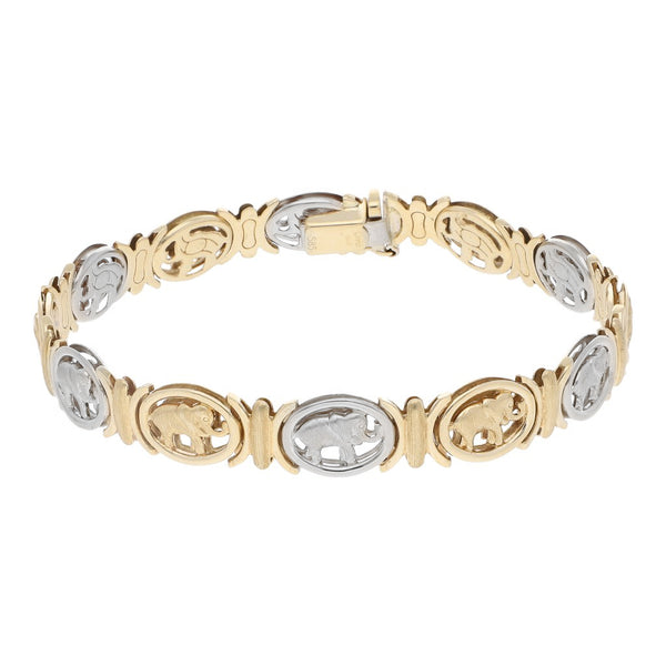 Pulsera eslabón articulado motivo elefante en oro dos tonos 14 kilates.