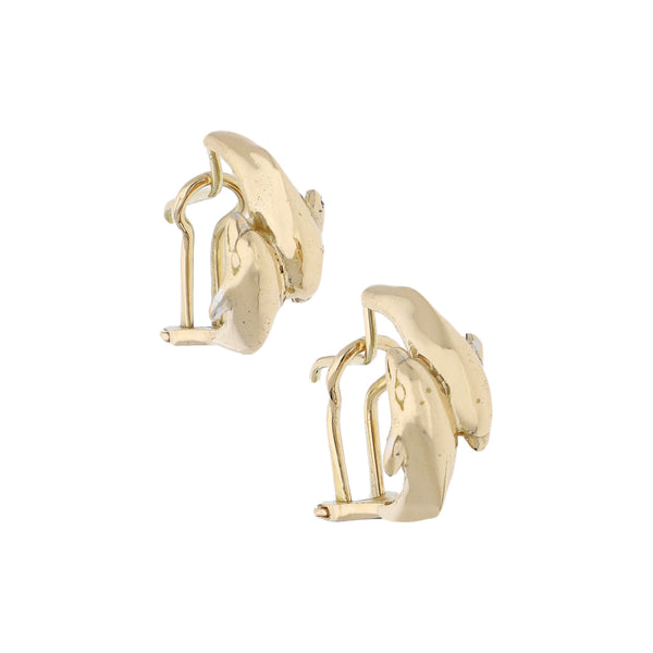 Aretes diseño especial motivo delfin en oro amarillo 14 kilates.