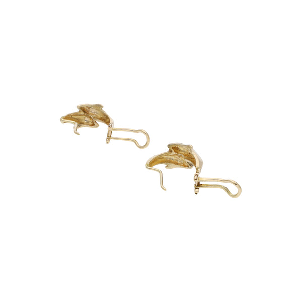 Aretes diseño especial motivo delfin en oro amarillo 14 kilates.