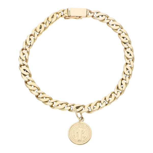 Pulsera eslabón nudo egipcio con colgante motivo San Benito en oro amarillo 14 kilates.