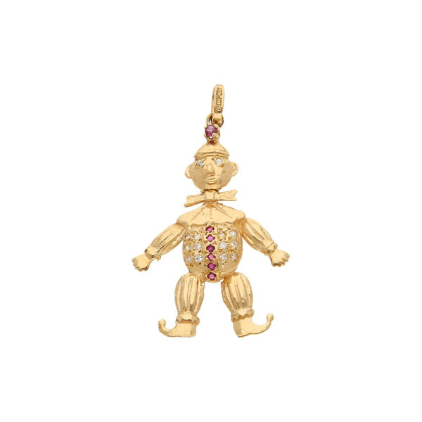 Dije articulado motivo payaso con rubíes y sintéticos en oro amarillo 14 kilates.