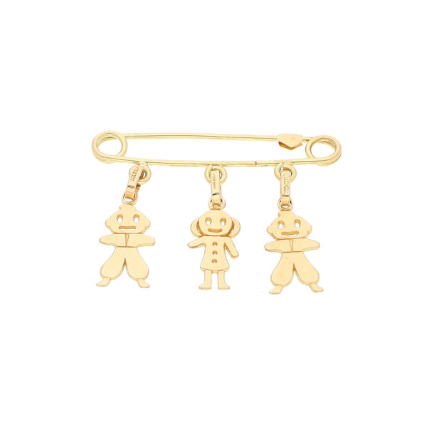 Prendedor diseño especial con colgantes motivo niños en oro amarillo 14 kilates.