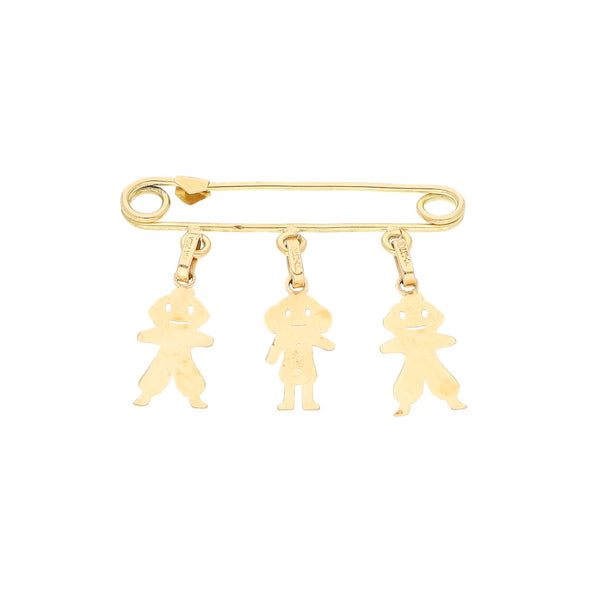 Prendedor diseño especial con colgantes motivo niños en oro amarillo 14 kilates.